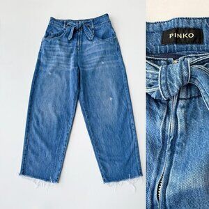 PINKO Jeans Morgan 28 High Rise Cropped Medium Wash Tie-Belt Italian Designer